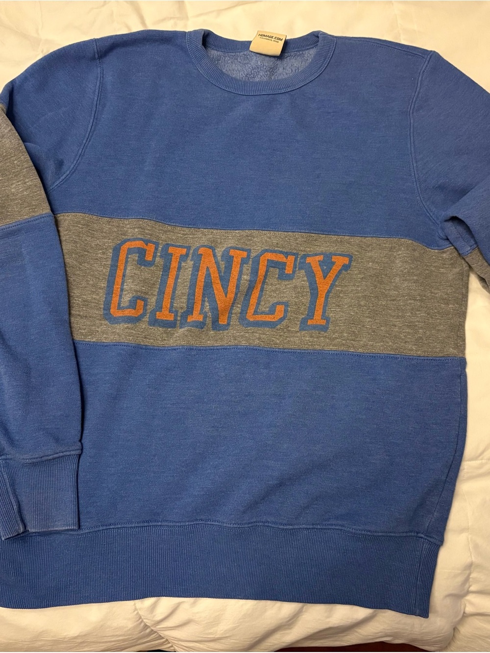 HOMAGE Blue & Gray Cincy Colorblock Crewneck Sweatshirt with Orange Lettering
